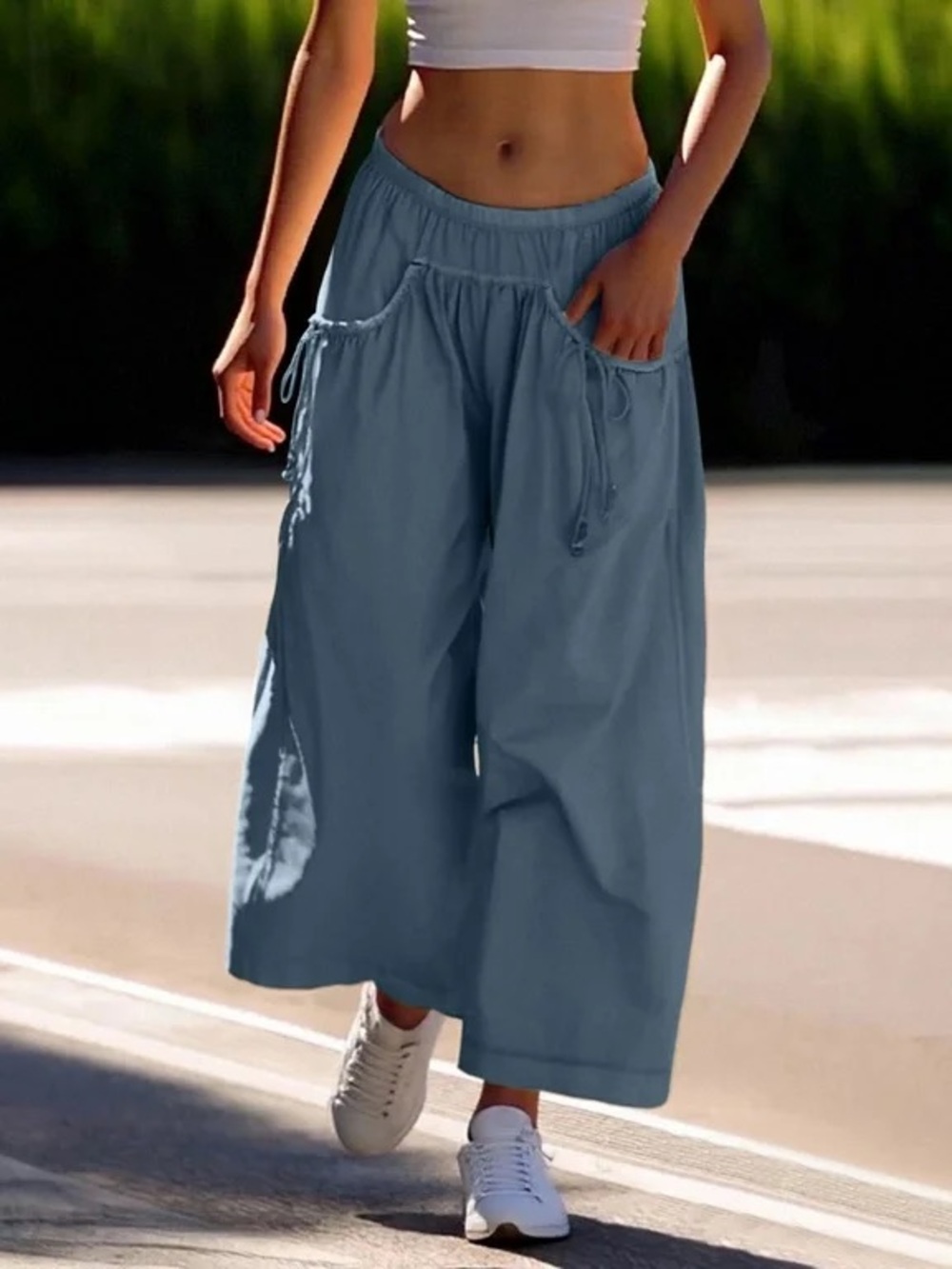 Loose Fit Wide Leg Track Pants with Drawstring Pockets Medium